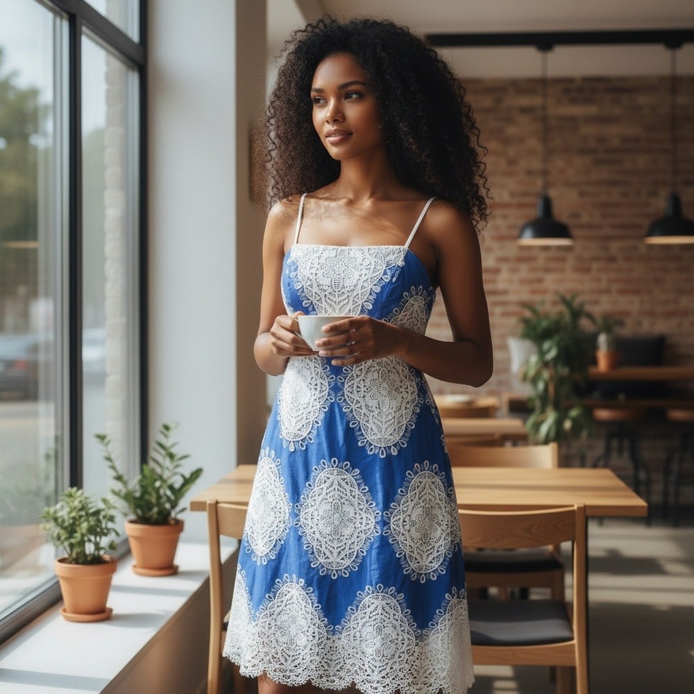 Johnny Was‎ Thalisa Crochet Lace Midi Dress Blue White Boho Festival Size S